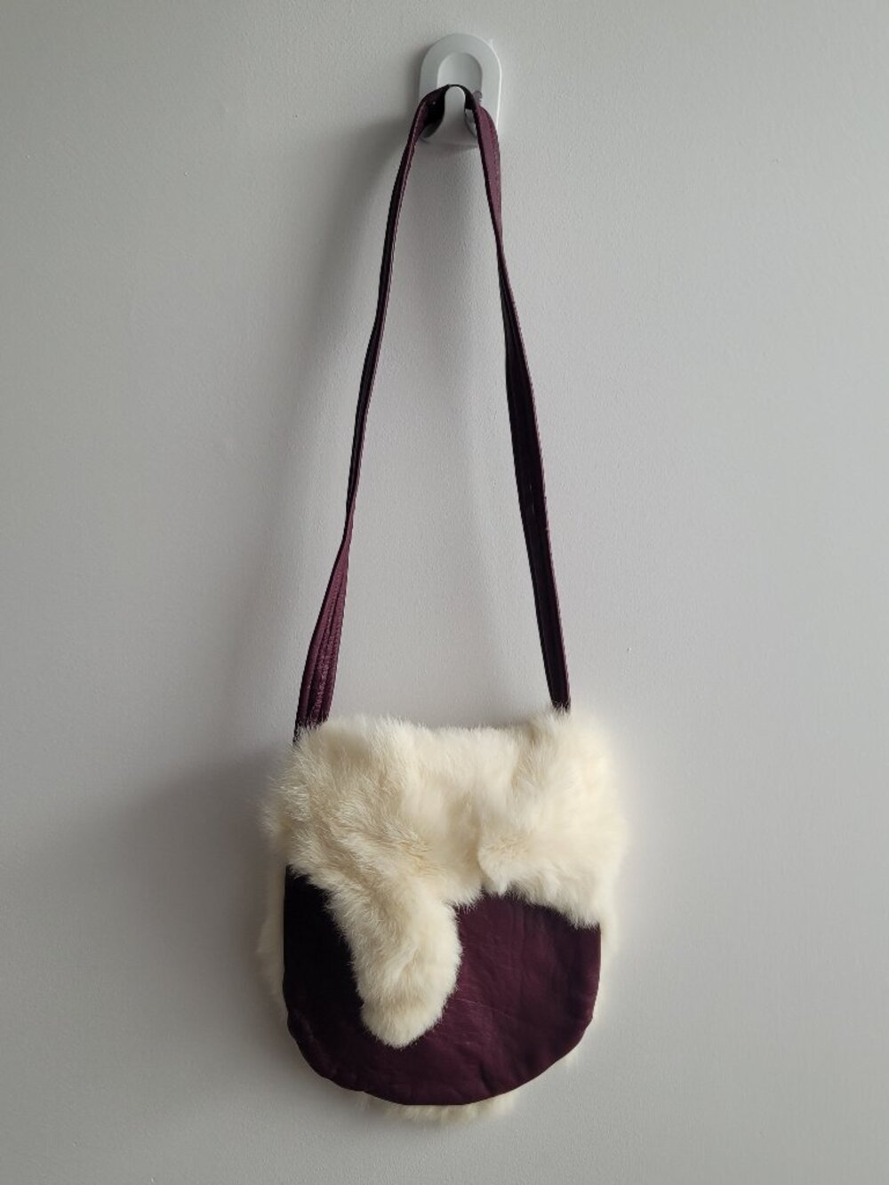 Handmade (?) Plum Leather and White Rabbit Fur Little Shoulder Bag/Purse